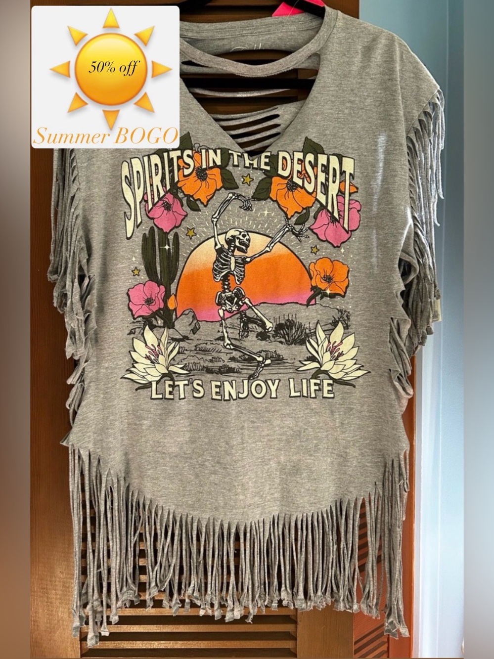 ☀️🌺Cold Crush Gray Fringe Crop Top w/Sunset Skeleton-Spirits in the Sky-Size XL